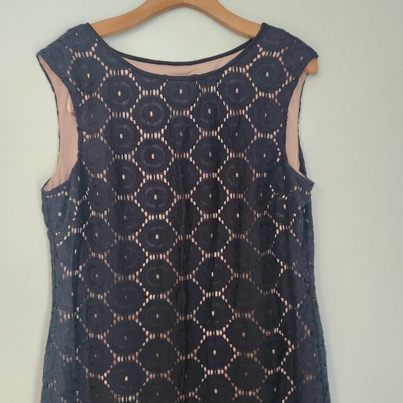 JESSICA HOWARD Navy Blue Tan Eyelet Dress Sheath Lace Knee Length Stretch Sz 14 - Picture 4 of 12